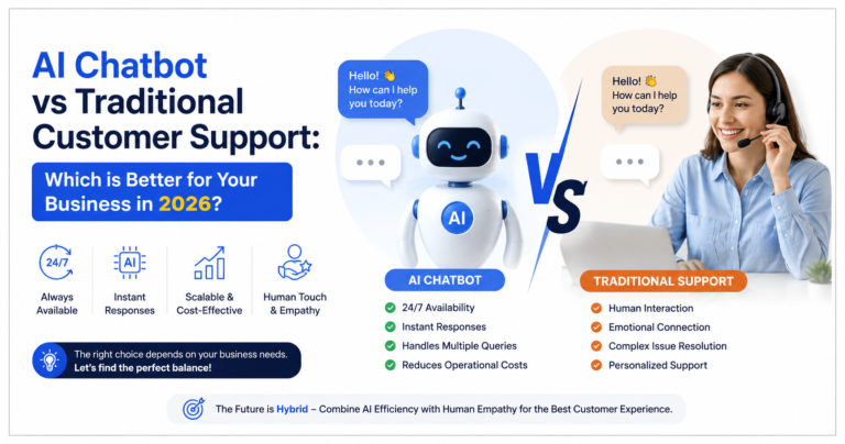 AI Chatbot vs Traditional Customer Support comparison banner for 2026 featuring a modern AI chatbot and a customer support representative separated by a "VS" graphic, highlighting key benefits of AI automation and human support with a clean blue-and-white corporate design.