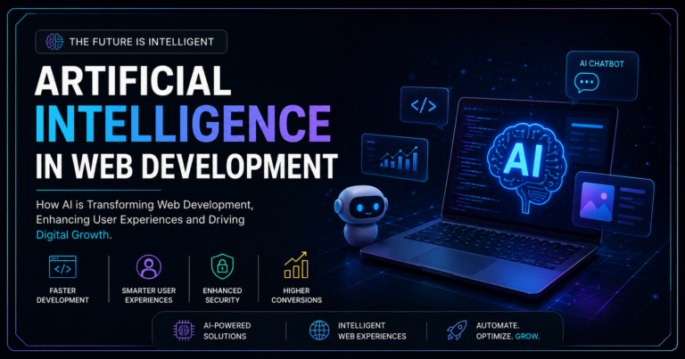 Artificial Intelligence in Web Development banner featuring a futuristic dark-themed design with glowing AI graphics, a laptop displaying AI code, chatbot icons, analytics dashboards, and technology elements representing AI-powered web development, automation, security, and digital innovation.