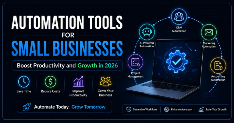 Dark-themed promotional banner for Automation Tools for Small Businesses featuring a laptop with automation icons, CRM, marketing, accounting, project management, and AI-powered workflow solutions to boost productivity and business growth in 2026