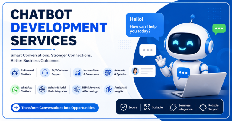 Chatbot Development Services banner featuring an AI chatbot assistant, customer support icons, WhatsApp integration, NLP technology, analytics tools, and business automation solutions on a modern blue-themed background.