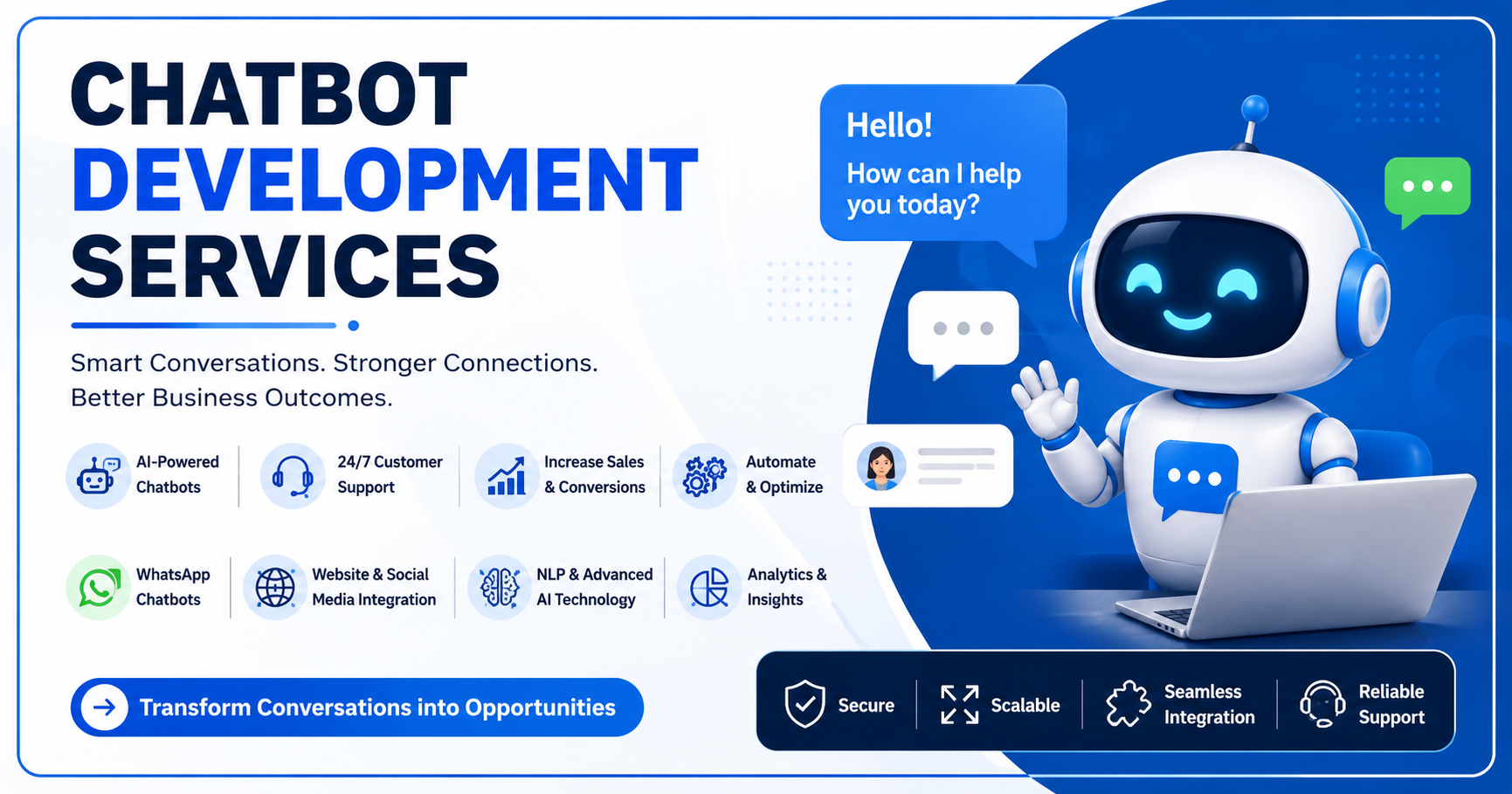 Chatbot Development Services banner featuring an AI chatbot assistant, customer support icons, WhatsApp integration, NLP technology, analytics tools, and business automation solutions on a modern blue-themed background.