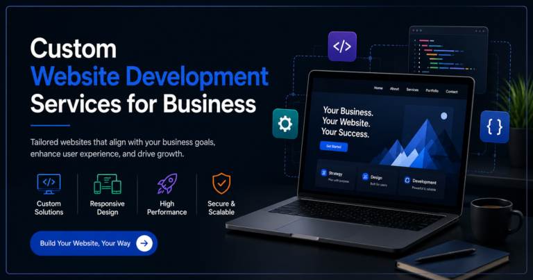 Dark-themed promotional banner for custom website development services, featuring a modern laptop displaying a business website mockup, glowing code and technology icons, bold headline text, feature highlights (custom solutions, responsive design, high performance, and security), and a professional call-to-action button on a sleek navy-blue background.