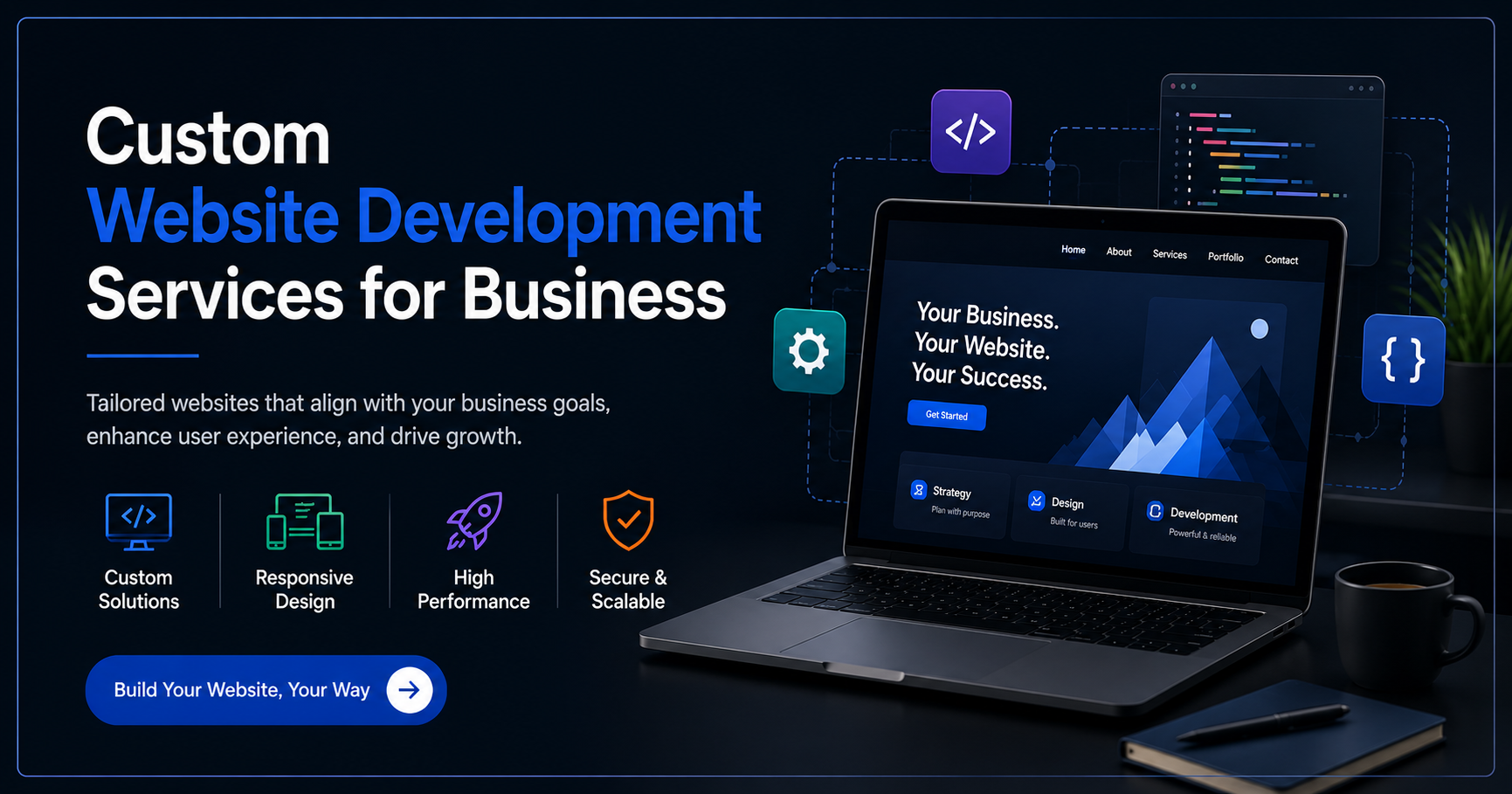 Dark-themed promotional banner for custom website development services, featuring a modern laptop displaying a business website mockup, glowing code and technology icons, bold headline text, feature highlights (custom solutions, responsive design, high performance, and security), and a professional call-to-action button on a sleek navy-blue background.