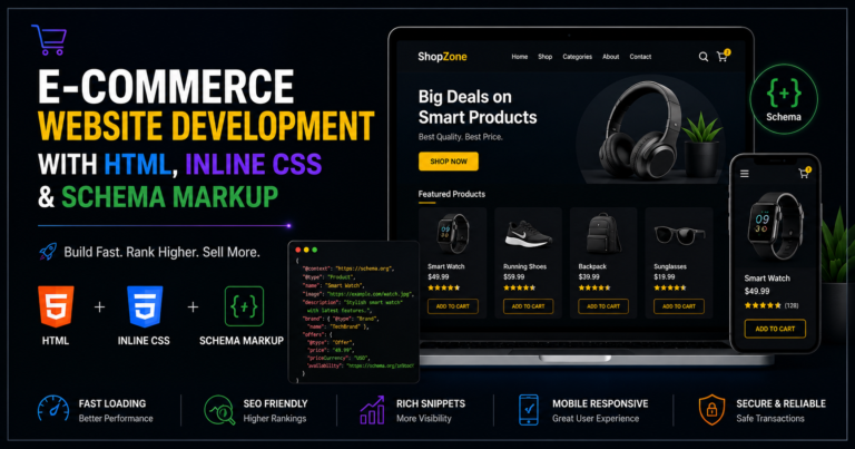 Dark-themed e-commerce website development concept showing online store interface, HTML structure, schema markup, responsive design, and digital commerce technology.