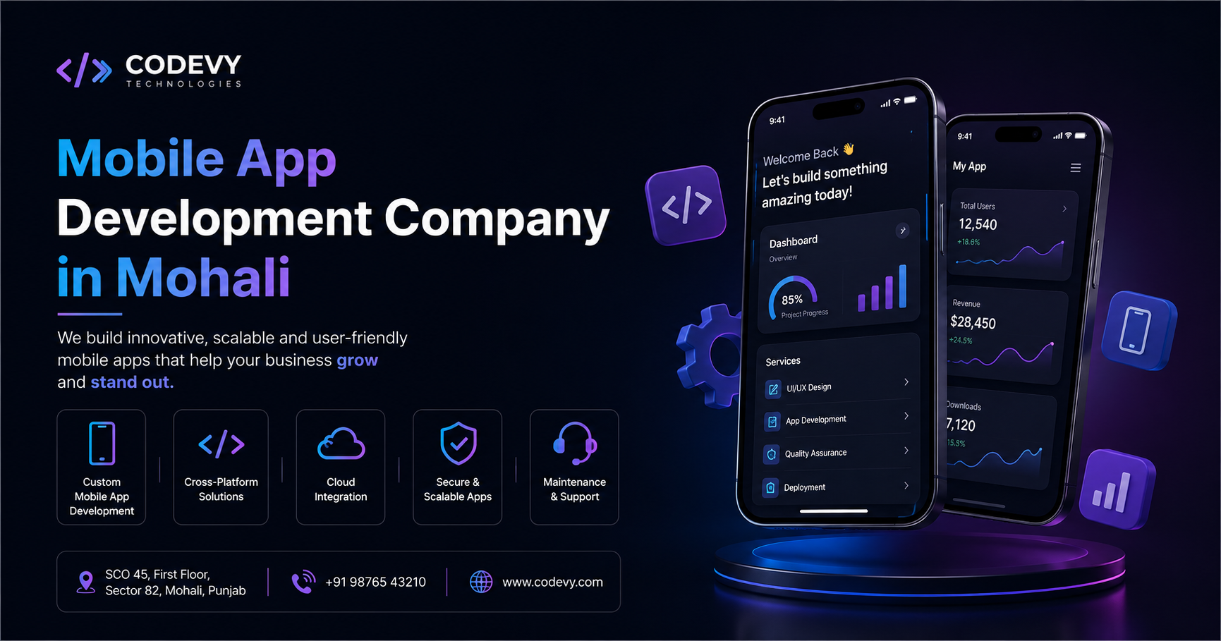 Dark-themed promotional banner for a Mobile App Development Company in Mohali. The design features a deep navy-to-purple gradient background, large bold headline text on the left, service icons for custom app development, cross-platform solutions, cloud integration, security, and maintenance, and two futuristic smartphone mockups displaying app dashboards and analytics on the right. Neon blue and purple accents, floating tech elements, and a modern 3D platform create a professional, high-tech appearance.
