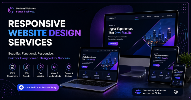 Responsive Website Design Services banner featuring a dark futuristic theme with neon blue and purple accents, showcasing a website displayed across desktop, laptop, tablet, and smartphone screens to highlight mobile-friendly, SEO-optimized web design solutions.