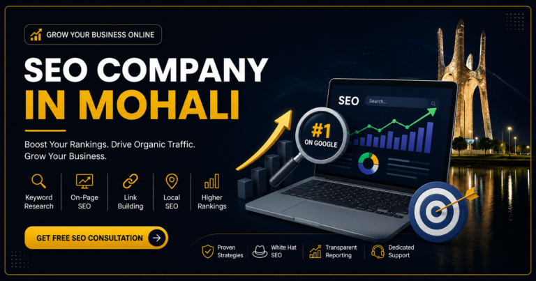 SEO Company in Mohali promotional banner featuring a dark theme design, SEO analytics dashboard, growth charts, keyword research, link building, local SEO services, and business growth elements.