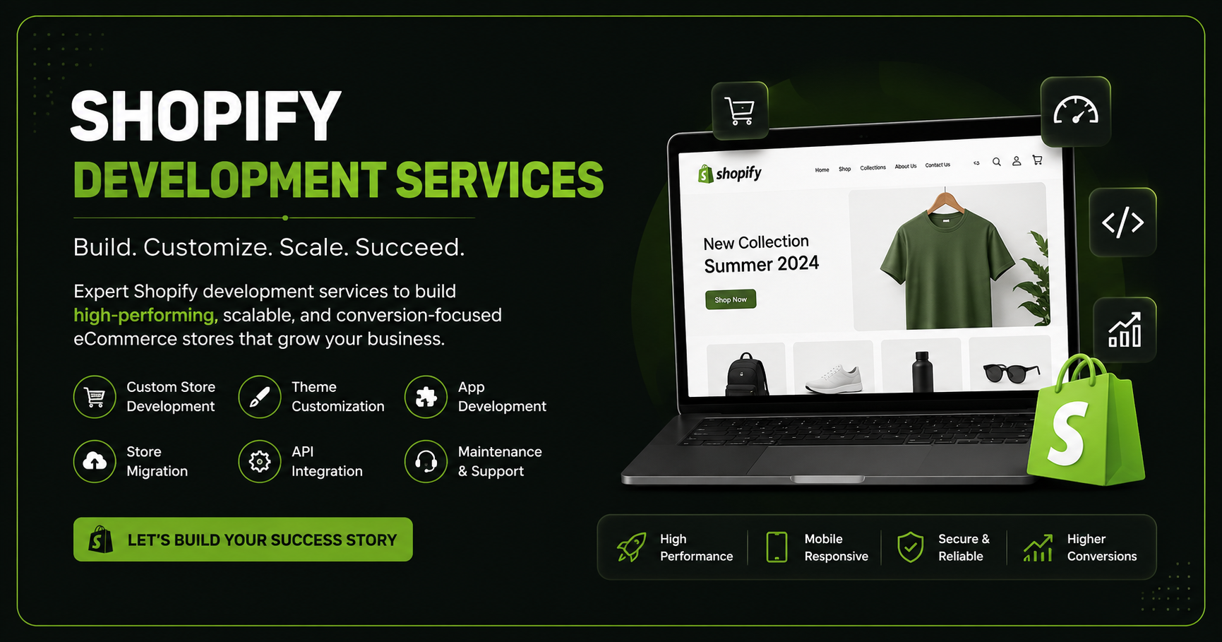 Shopify Development Services banner featuring a dark-themed eCommerce design with neon green accents, showcasing custom Shopify store development, theme customization, app development, API integration, migration services, and maintenance support alongside a Shopify storefront displayed on a laptop.