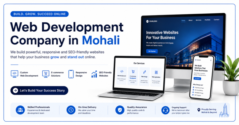 Professional promotional banner for a Web Development Company in Mohali featuring responsive website design mockups on desktop, laptop, and mobile devices, highlighting custom web development, e-commerce solutions, responsive design, SEO-friendly websites, skilled professionals, quality assurance, and ongoing support in a modern blue-and-white layout.