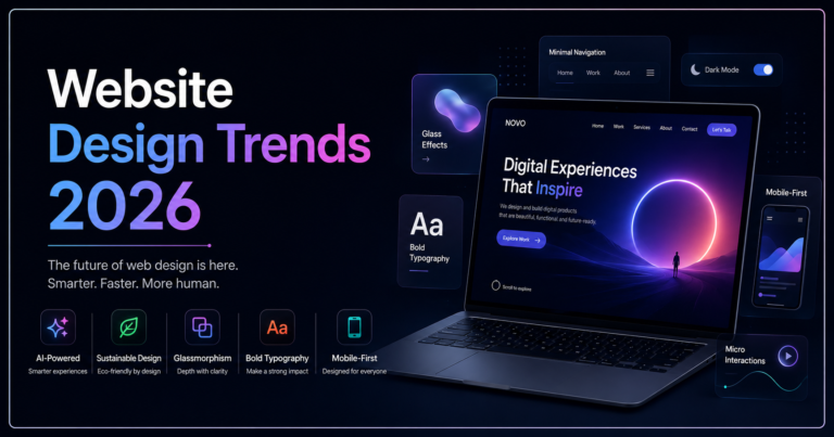 Website Design Trends 2026, featuring a modern laptop with an immersive website interface, floating UI elements, effects, bold gradient typography, and visual highlights for AI-powered design, sustainable design, mobile-first experiences, micro-interactions, and modern navigation trends.