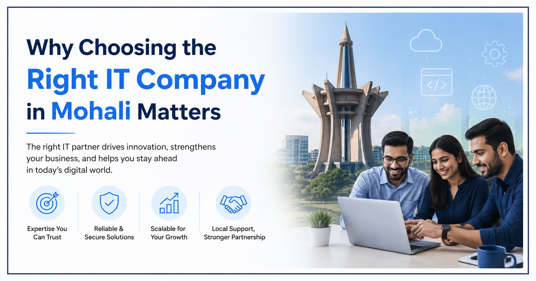 Professional IT company banner showing a team of software experts working on a laptop with Mohali's iconic monument in the background, highlighting the importance of choosing the right IT company in Mohali for business growth and digital success.