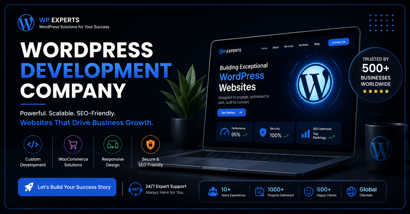 WordPress Development Company banner showcasing custom WordPress development, WooCommerce solutions, responsive web design, SEO-friendly websites, and expert WordPress services in a modern dark-themed layout.
