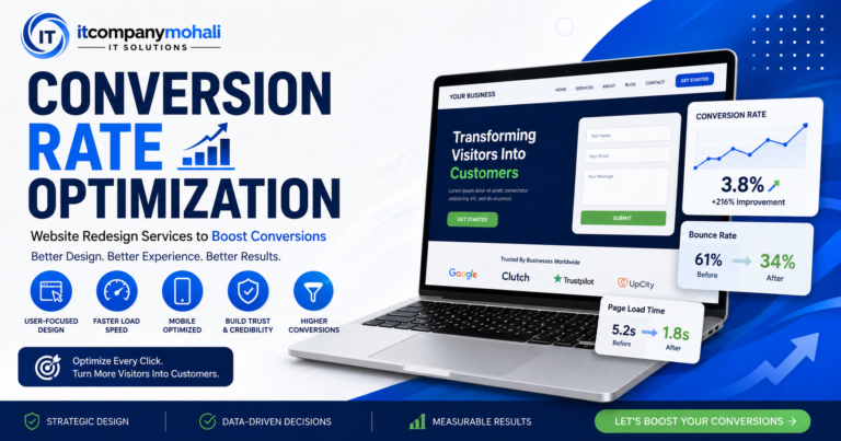 Conversion Rate Optimization (CRO) website redesign services banner by IT Company Mohali showing a modern business website, analytics dashboard, improved conversion rate, faster page speed, lower bounce rate, mobile optimization, and UX-focused web design.